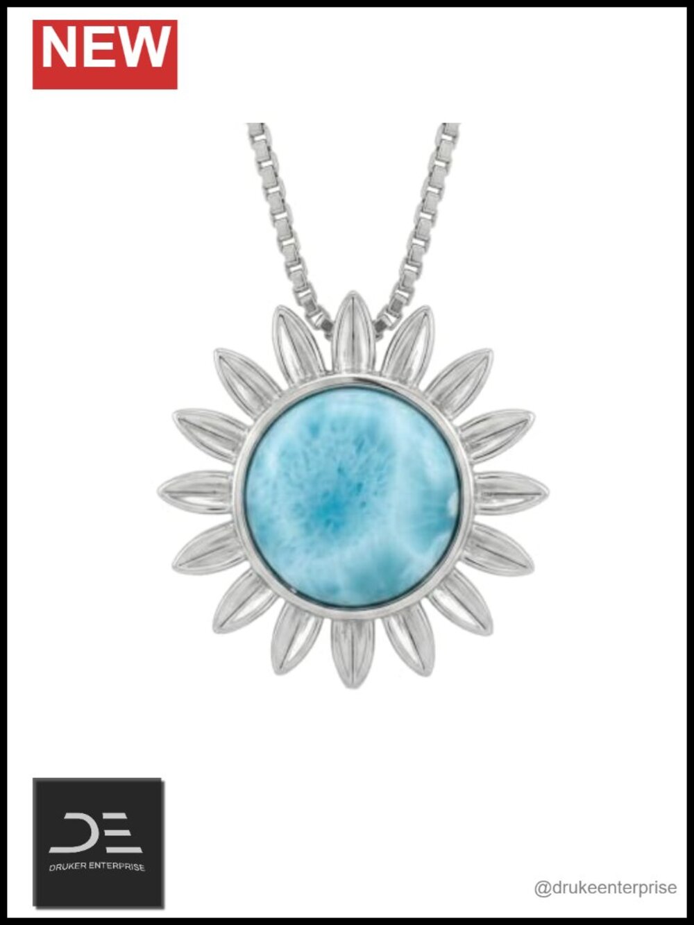 925 Sterling Silver Larimar Sunflower Pendant Necklace with 18" Box Chain